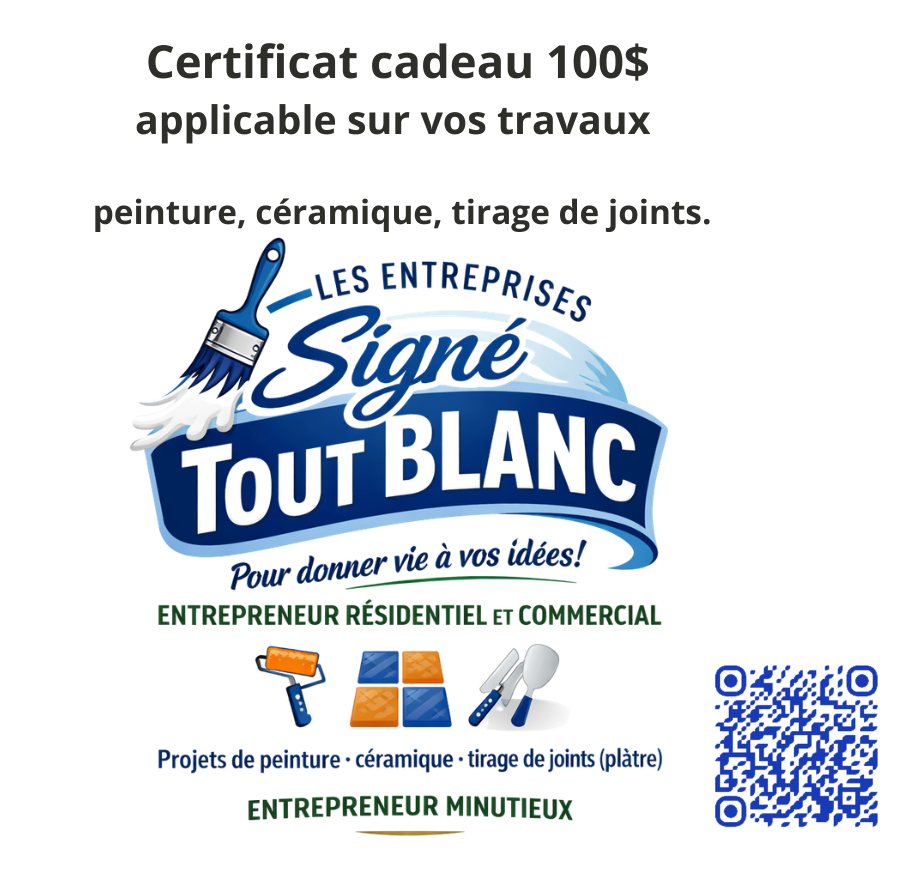 Certificat cadeau de 100$ Signé tout blanc